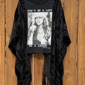 Stevie Nicks Don’t be a lady be a legend. Black Graphic Tee with Fringe Kimono